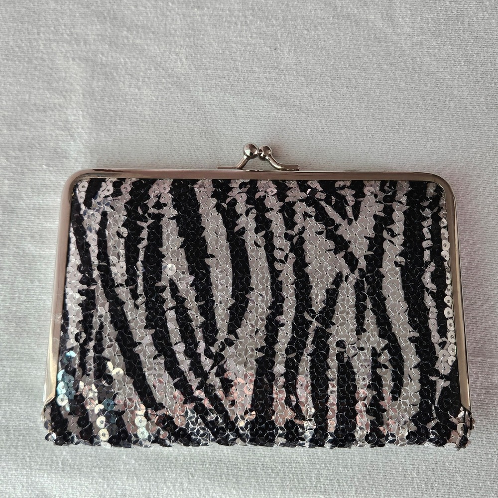 Amici Accessories Zebra Sequin Kiss Lock Wallet Black Silver Clutch Checkbook